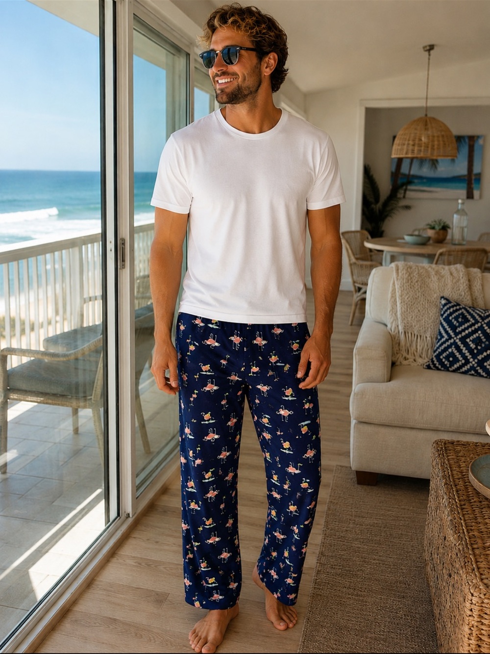 Men’s Navy Flamingo Print Pajama Pants